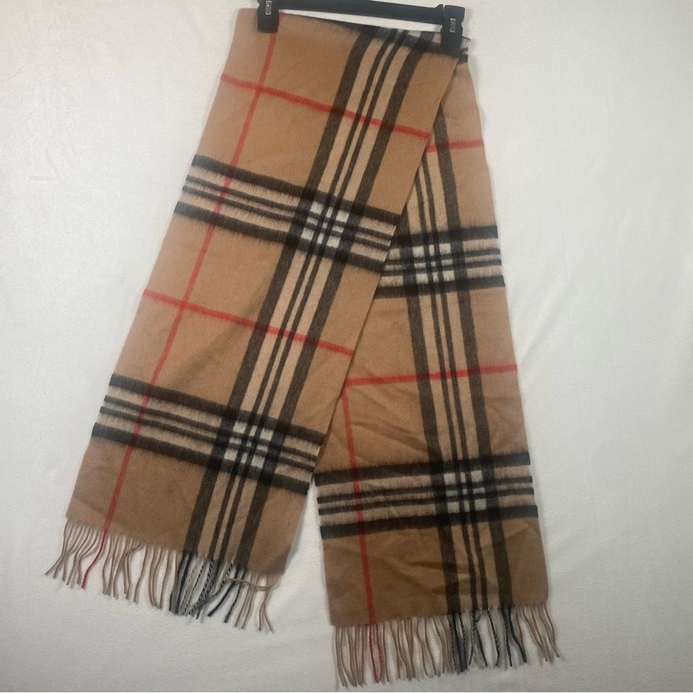100% Wool Tan Black and Red Fringed Scarf